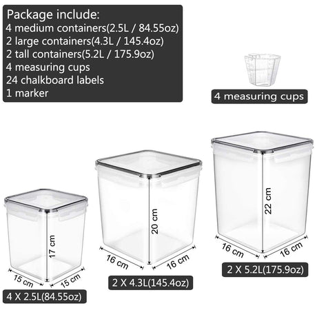 Large Food Storage Containers 8 Pieces - YORUKAU BPA Free Pantry & Kitchen Organization Containers with Black Airtight Lids - Dishwasher Safe - Sugar, Flour, Cereal Container - Plastic Storage Bins