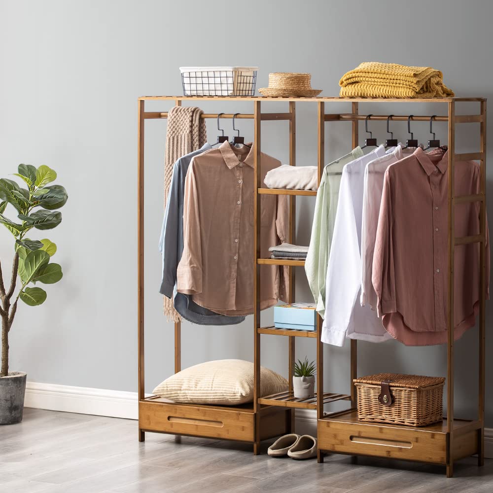 Bamboo Garment Rack with Hanging Rail & Storage Shelves