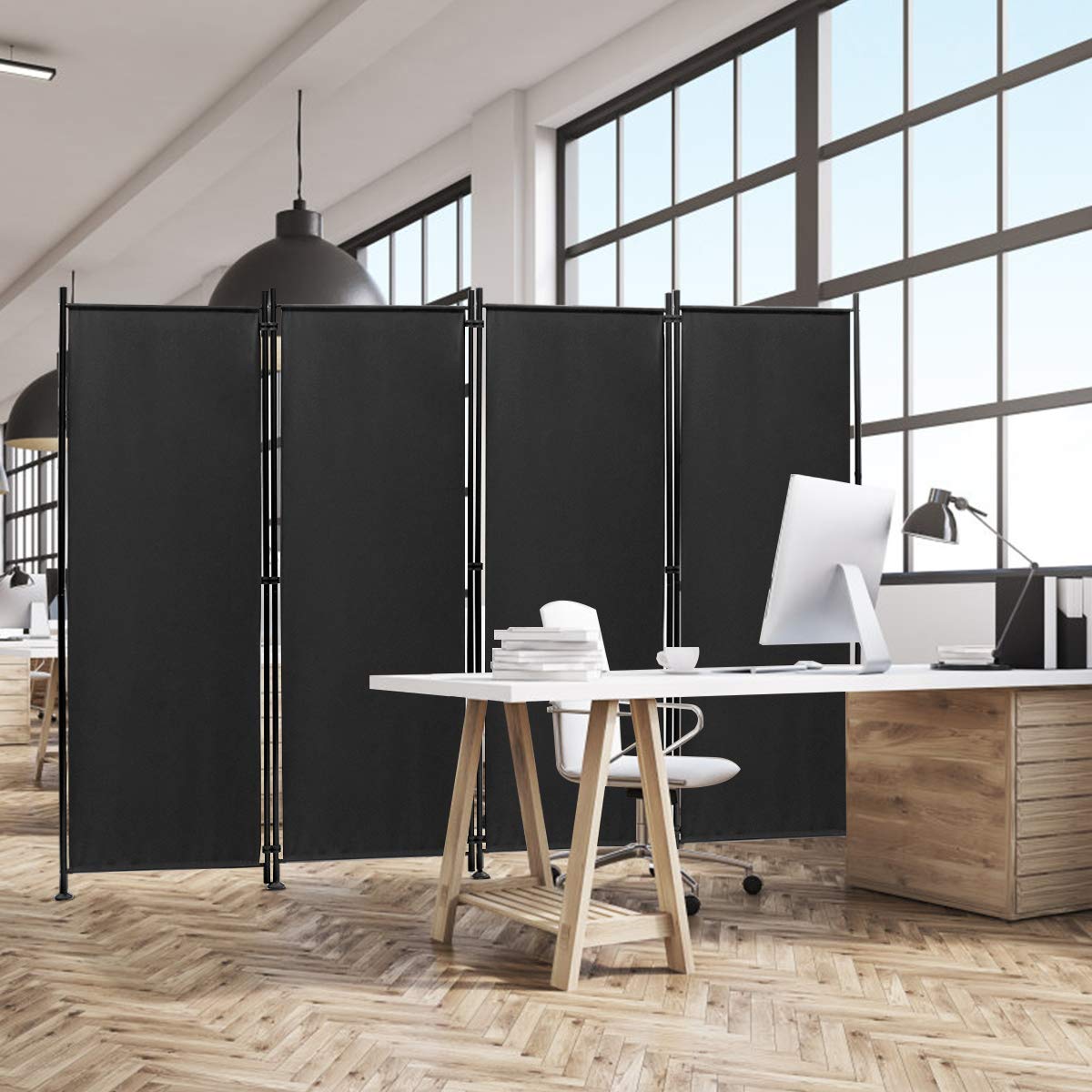 4-Panel Black Polyester Privacy Divider with Steel Frame