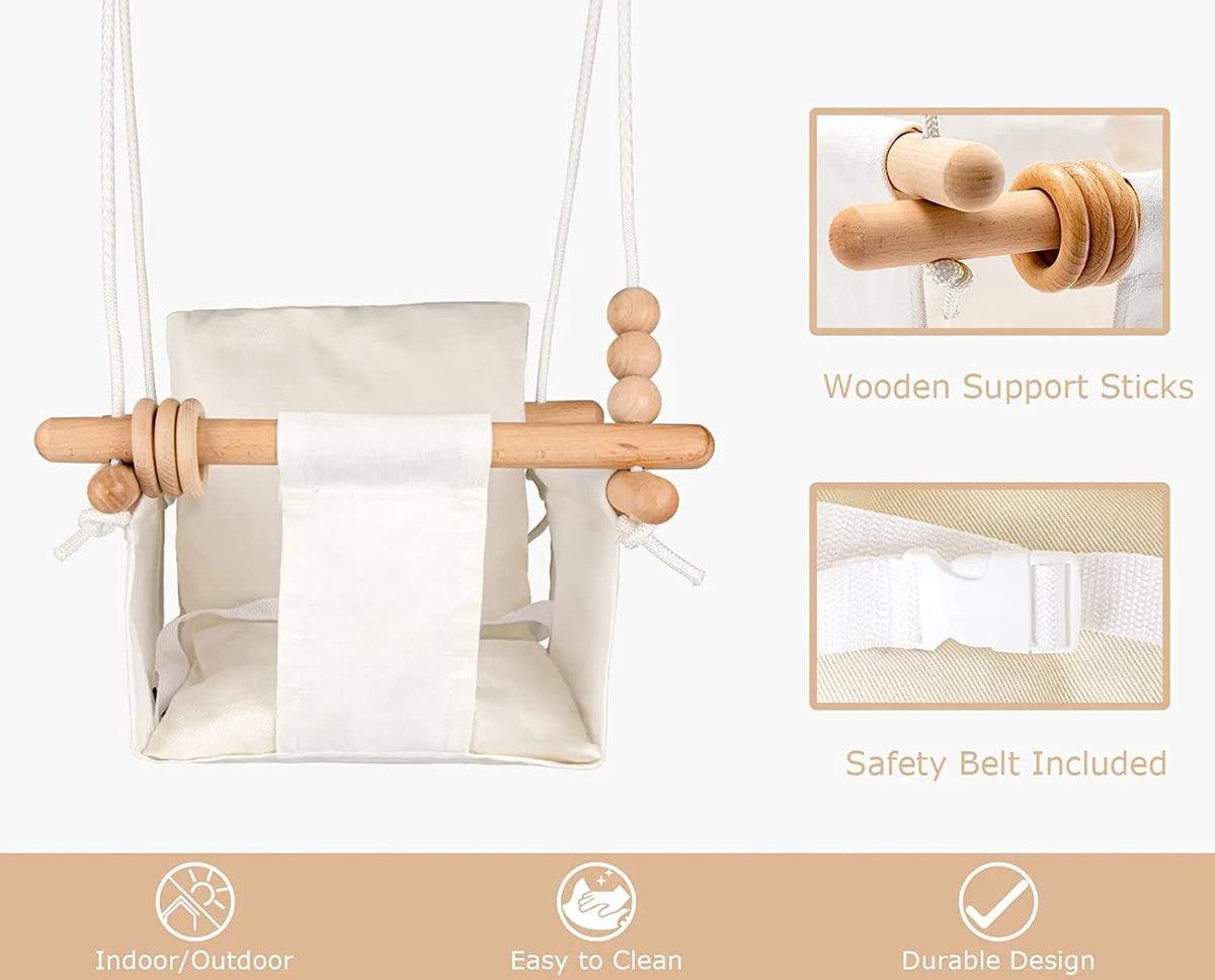 Canvas Baby Swing with Safety Belt & Mounting Hardware – White
