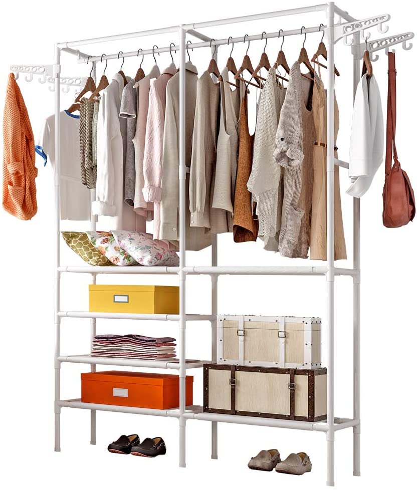 Portable Garment Rack with Shoe Storage & Side Hooks – Black or White