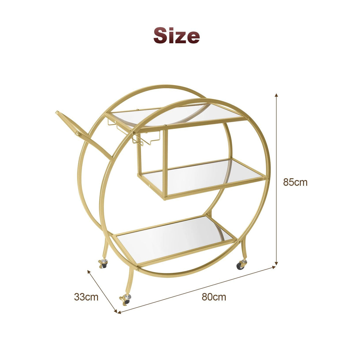 3-Tier Round Gold Bar Cart with Mirrored-Glass Shelves