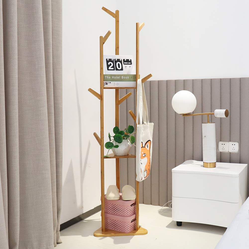 170 cm Bamboo Coat Tree with 9 Hooks & 3 Shelves