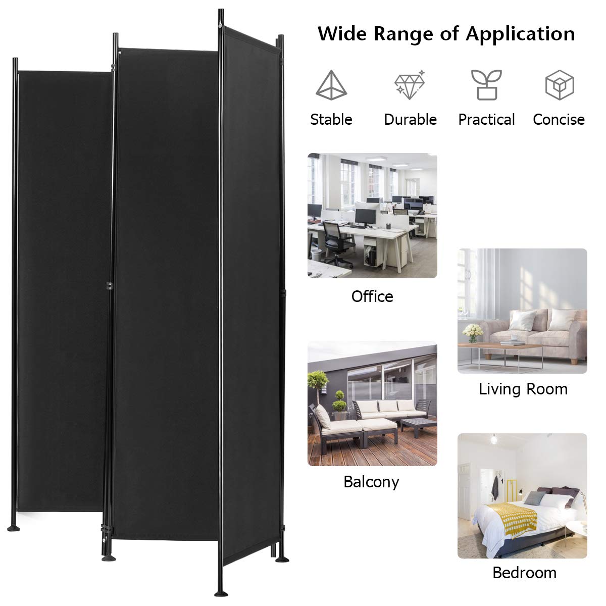 4-Panel Black Polyester Privacy Divider with Steel Frame
