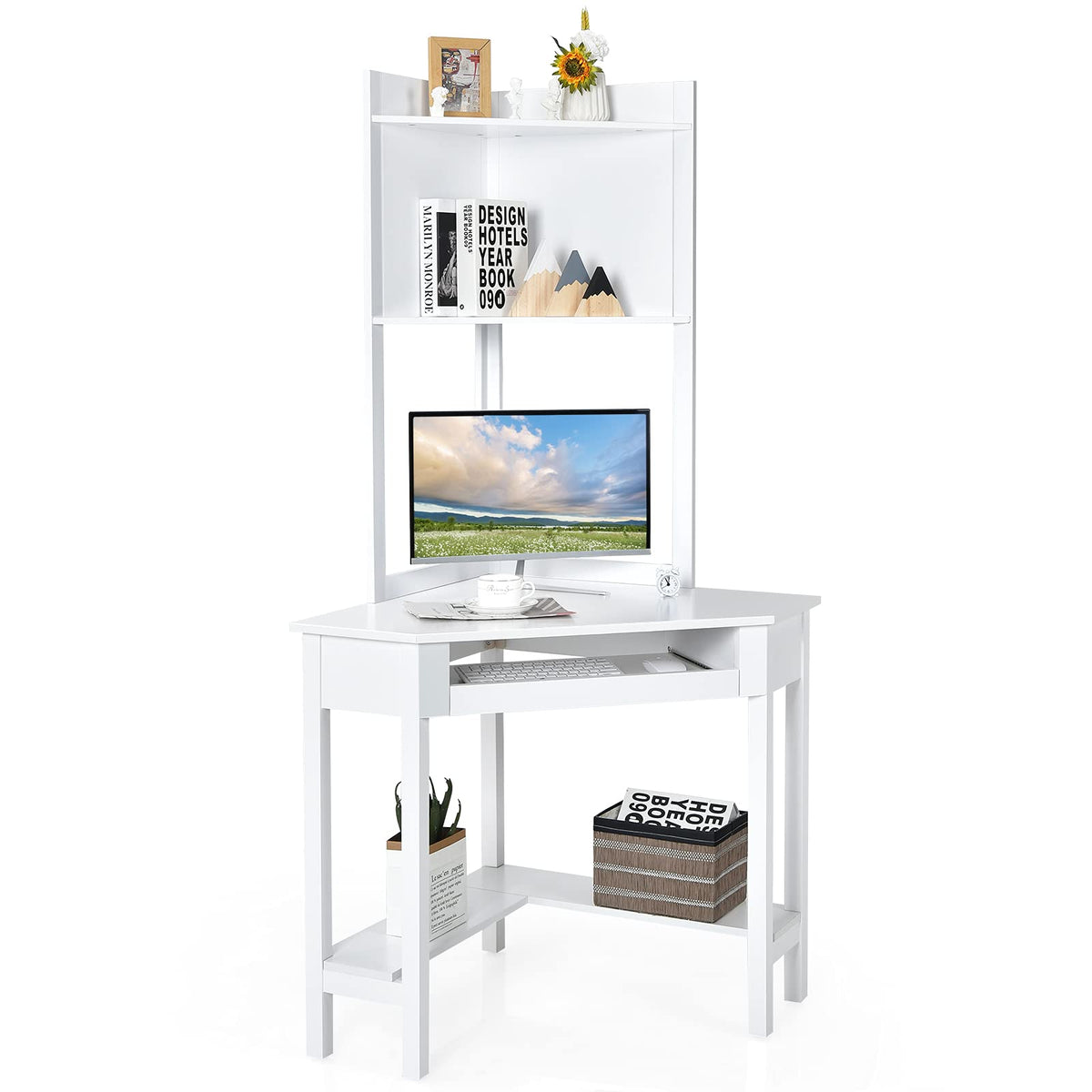 Compact Corner Computer Desk with Hutch, Keyboard Tray & Shelves
