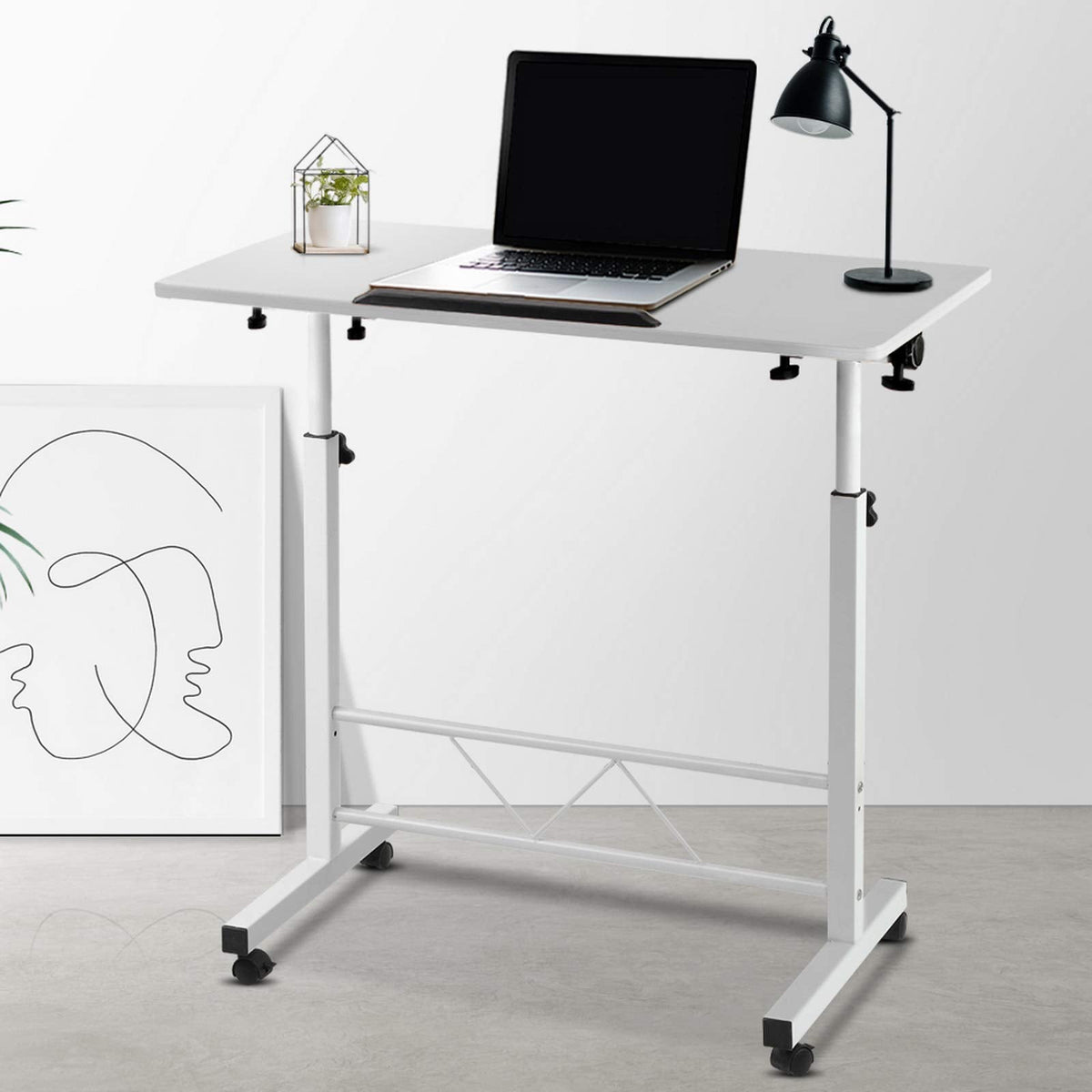 Mobile Adjustable Bedside Laptop Table – White or Light Wood