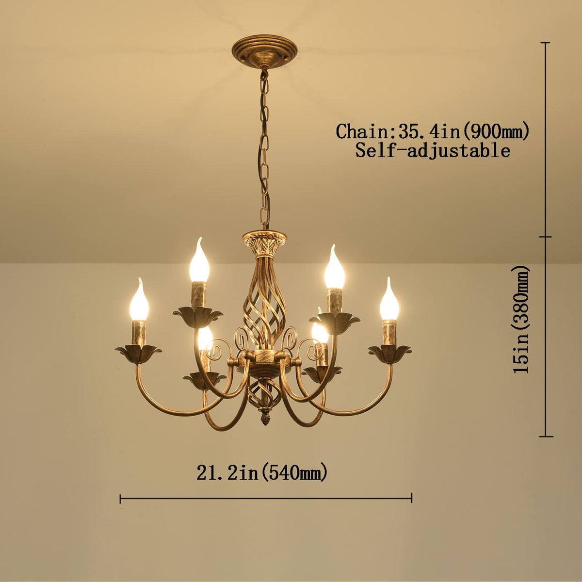 French Country Chandelier, Rustic 6 Light Bronze French Country Pendant Light Fixture, Vintage Metal Chandelier for Dining Room Kitchen Living Room Bedroom Hallway, E14 Base
