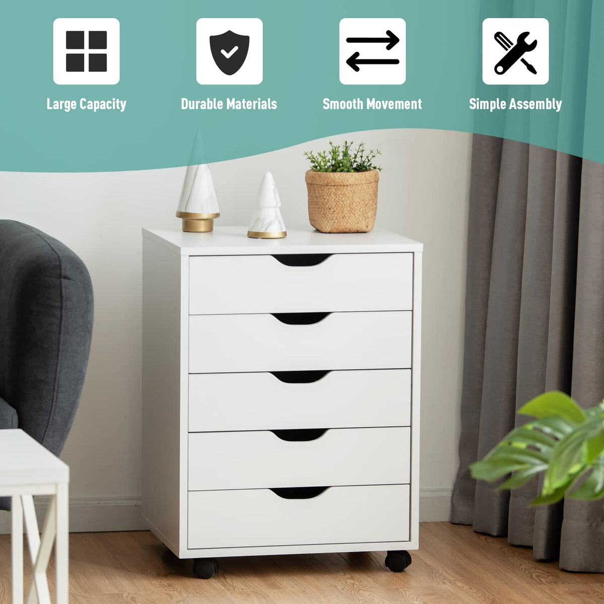 5-Drawer File Cabinet, Side Cabinet File Pedestal w/ 4 Castors, Wood Under Desk Drawer, Storage Cabinet Organiser, Compact Chest of Drawers Dresser, Mobile File Cabinets for Home Office, White