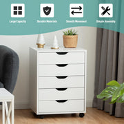 5-Drawer File Cabinet, Side Cabinet File Pedestal w/ 4 Castors, Wood Under Desk Drawer, Storage Cabinet Organiser, Compact Chest of Drawers Dresser, Mobile File Cabinets for Home Office, White