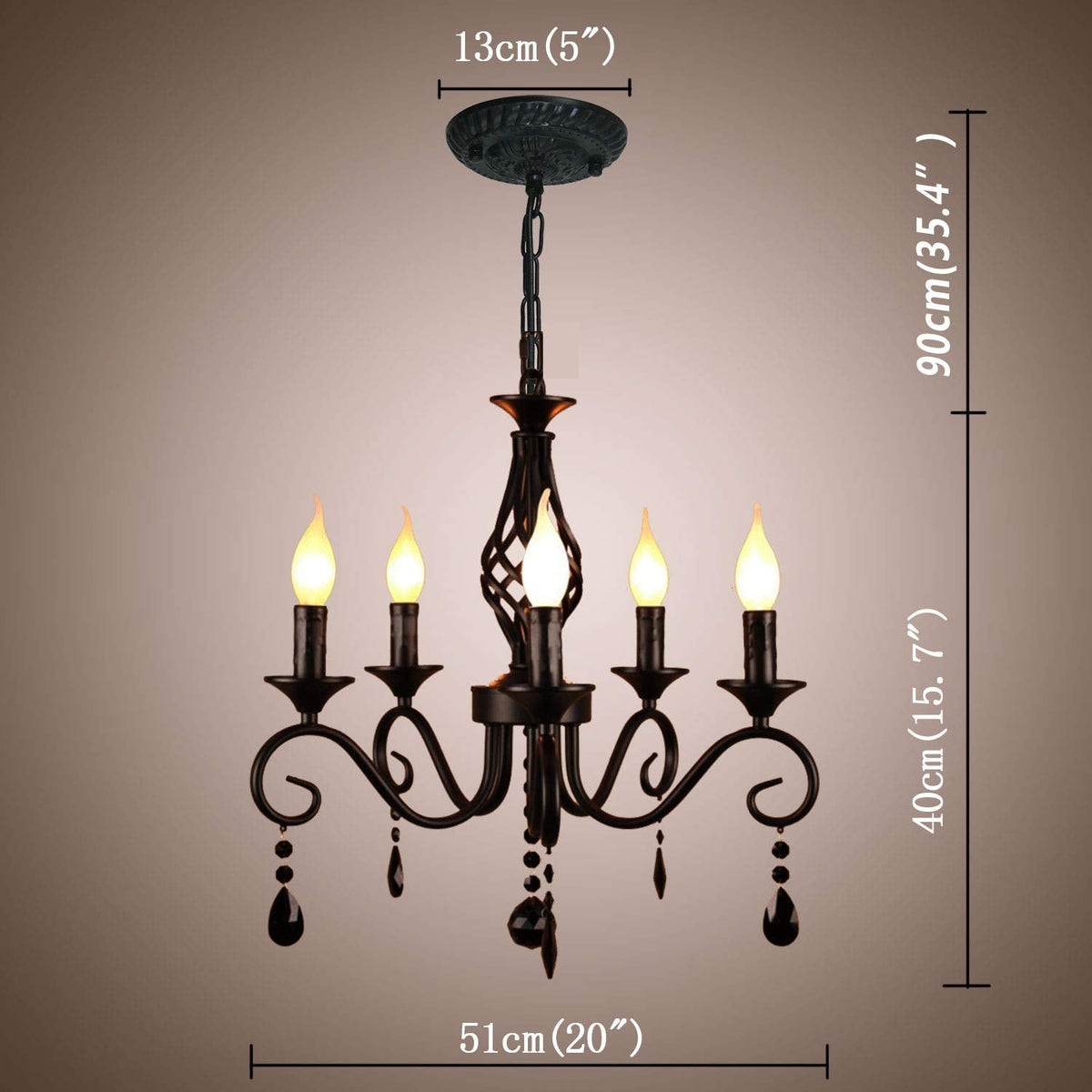 French Country Chandeliers, 5 Lights Black Crystal Candle Chandelier, Industrial Vintage Pendant Light Fixture Hanging Light for Island Kitchen Dining Room Farmhouse