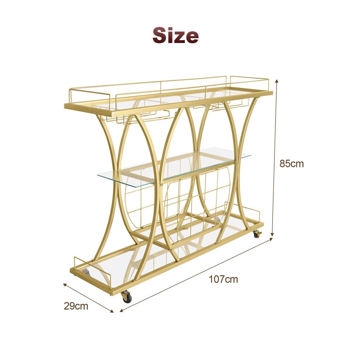 3-Tier Gold Bar Cart with Glass & Wine Racks