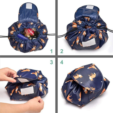 Portable Lazy Drawstring Makeup Bag Travel Cosmetic Bag Pouch Toiletry Organizer Waterproof Large for Women and Girls (Gold Fox)