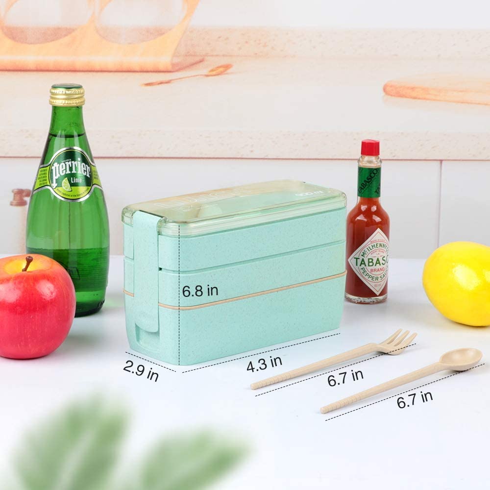 Bento Box Japanese Lunch Box, 3-In-1 Compartment, Wheat Straw, Leak-proof Eco-Friendly Bento Lunch Box Meal Prep Containers for Kids and Adults (Green)