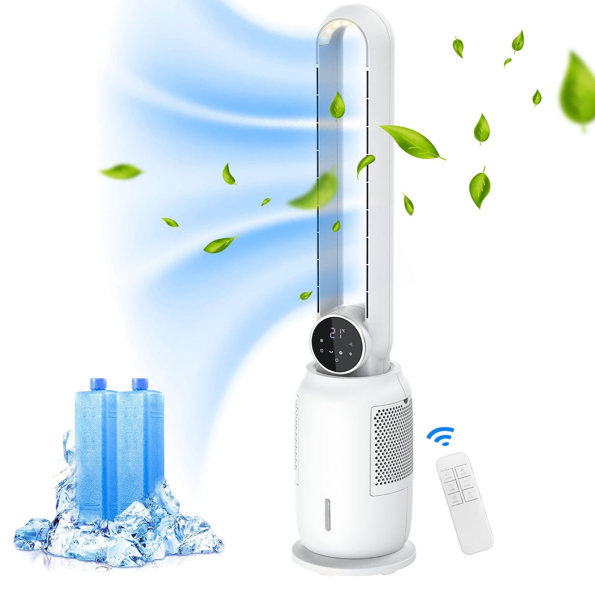 Evaporative Air Cooler, Bladeless Fan with 3 Speeds, Remote Control, Night Light, Electric Purifying Fan Suitable for Indoor Home Large Room Bedroom Office Use 2.5L