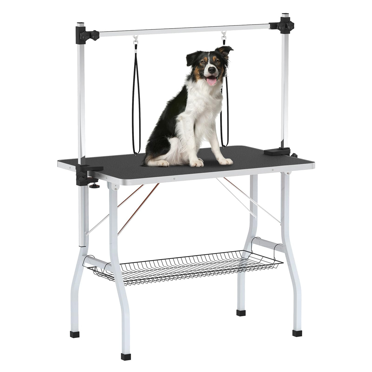 91 cm Foldable Pet Grooming Table with Dual-Post Arm & Basket