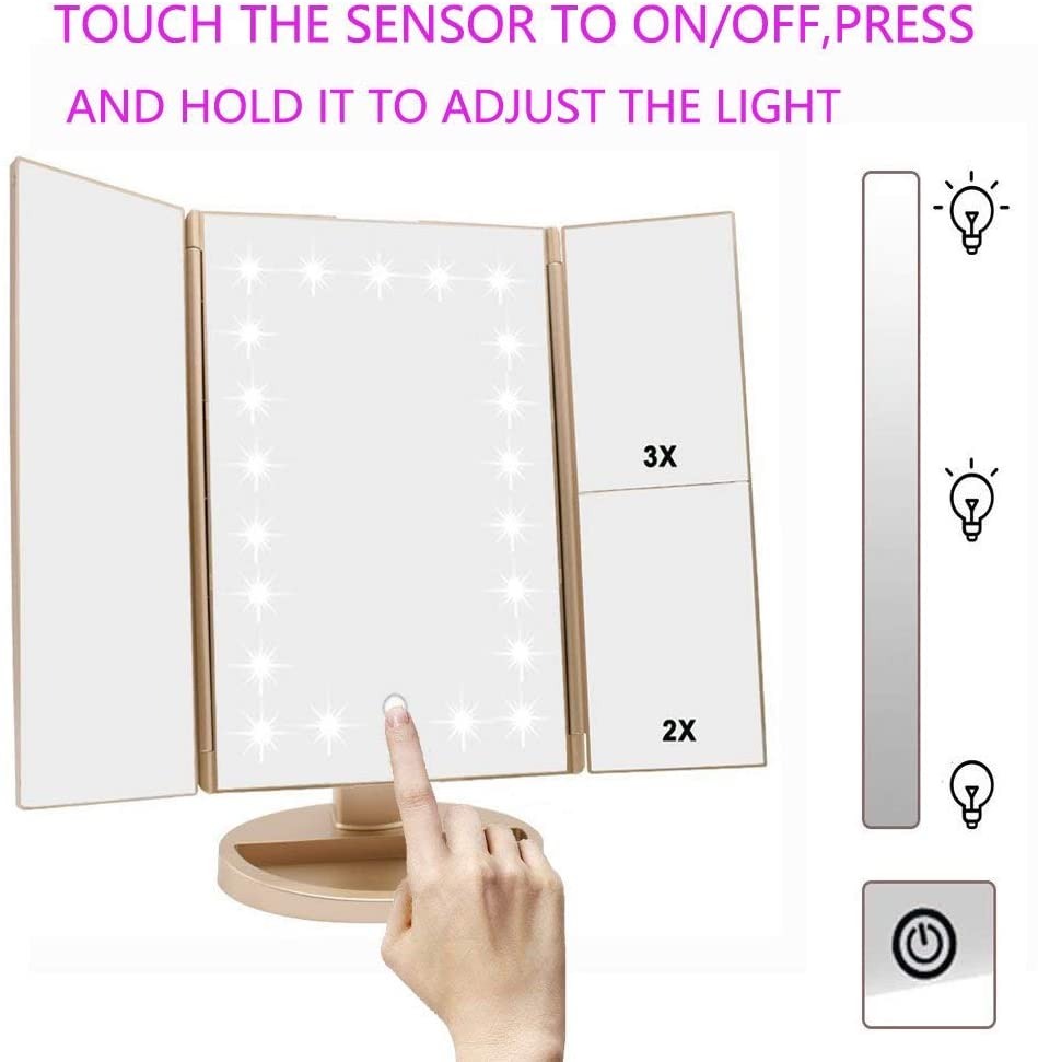Tri-Fold Lighted Vanity Makeup Mirror with 21 LED Lights, Touch Screen and 3X/2X/1X Magnification Mirror, Two Power Supply Mode Tabletop Makeup Mirror, Travel Cosmetic Mirror (Gold)