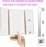 Tri-Fold Lighted Vanity Makeup Mirror with 21 LED Lights, Touch Screen and 3X/2X/1X Magnification Mirror, Two Power Supply Mode Tabletop Makeup Mirror, Travel Cosmetic Mirror (Gold)