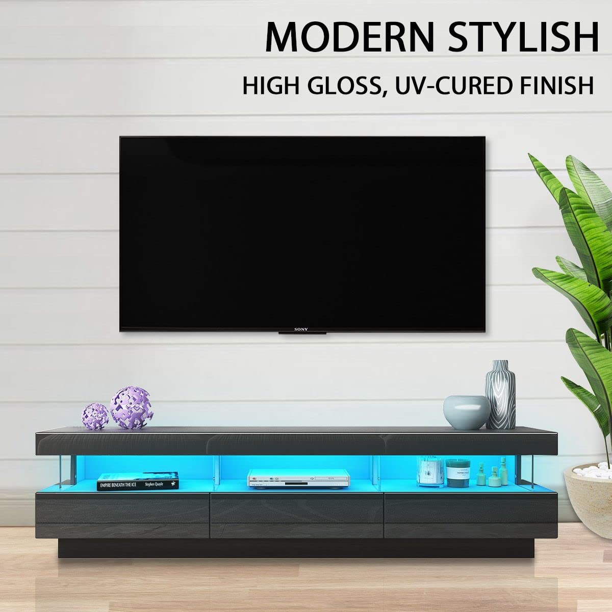 Luxsuite LED TV Stand Cabinet TV Unit Storage Entertainment Console High Gloss Front 3 Drawer
