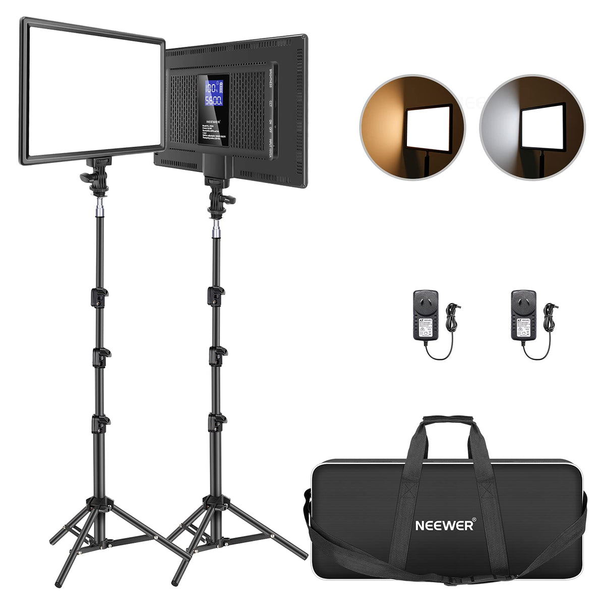 Neewer LED Video Lighting Kit with 70inch Light Stand, 2-Pack 384 LED Soft Video Light, Built-in Lithium Battery 3200K-5600K CRI 97+ Ultra-Thin On Camera Light Panel for YouTube Photography Shooting