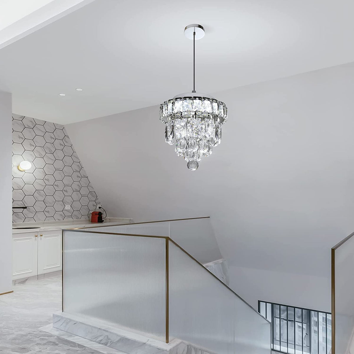 Mini Crystal Chandelier,Chrome Ceiling Pendant Light Fixtures,LED Crystal Flush Mount Ceiling Light Dimmable with Remote for Bedroom Dining Room Hallway(18W/3000-6500K)