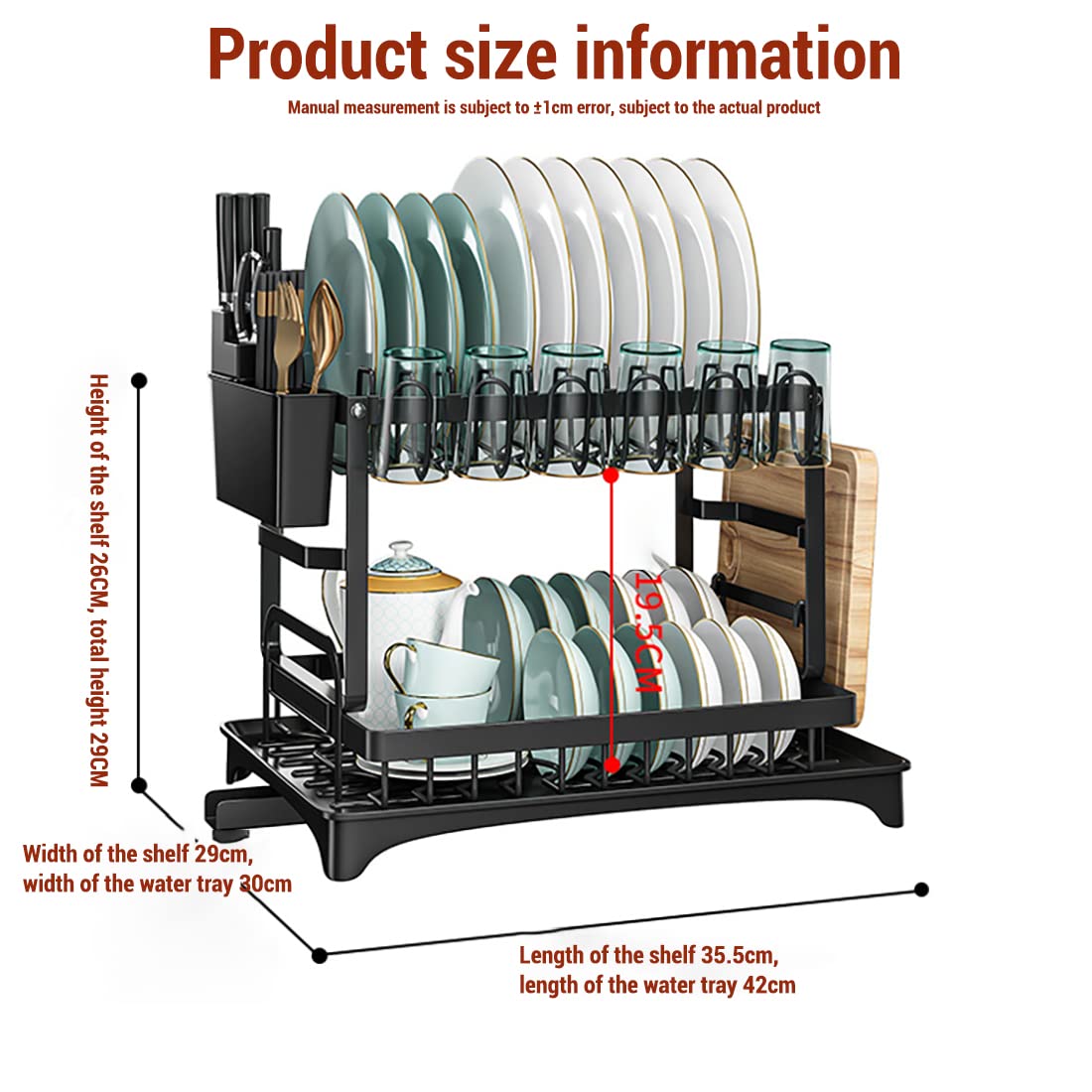 42 cm Black 2-Tier Dish Rack with 360° Drain Spout