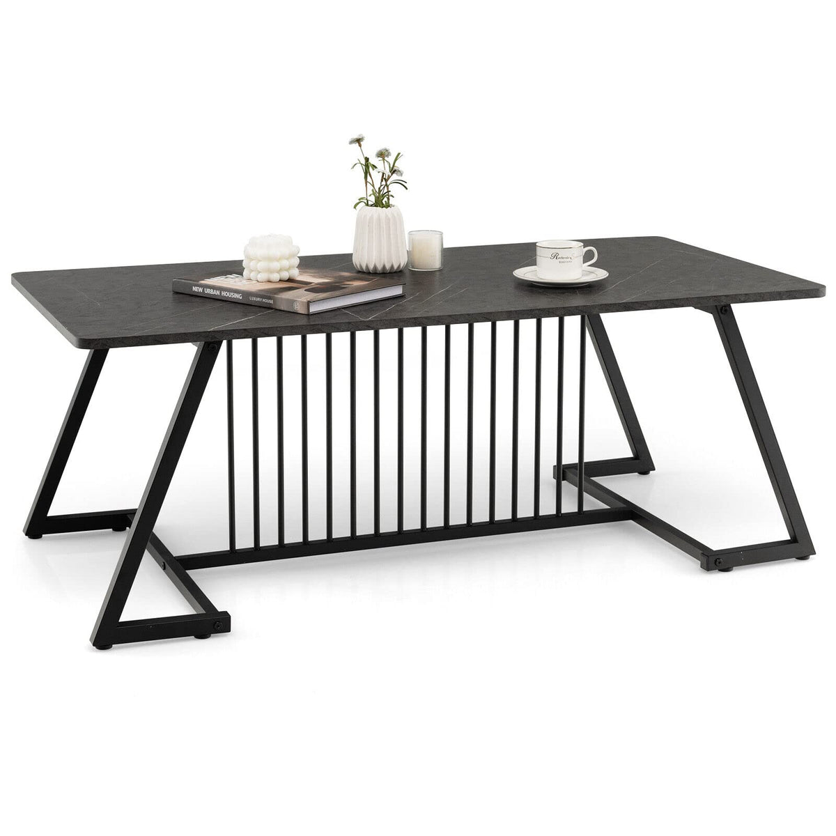Black Faux-Marble Coffee Table with Steel Legs