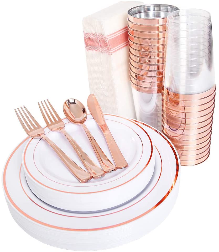 200 Pieces Disposable Dinnerware Set Include Rose Gold Plastic Plates, Rose Gold Silverware, Rose Gold Cups, Linen Like Paper Napkins, Service for 25 Guests, Enjoylife (Rose Gold)