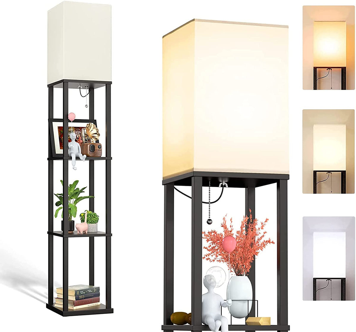 Floor Lamp with Shelves, Lamp for Living Room with Shelf, Floor Lamp Shelf, Floor Lamp with White Lamp Shade, Floor Lamps for Bedroom with Matt Black Real Solid Wood Shelf