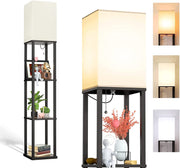 Floor Lamp with Shelves, Lamp for Living Room with Shelf, Floor Lamp Shelf, Floor Lamp with White Lamp Shade, Floor Lamps for Bedroom with Matt Black Real Solid Wood Shelf