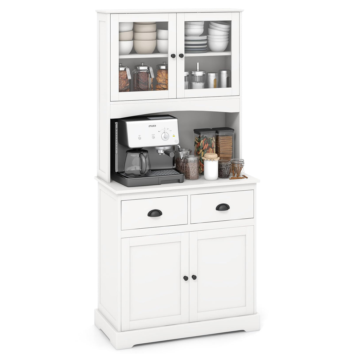 Tall Storage Cabinet, Freestanding Kitchen Pantry w/Microwave Stand & 2 Drawers, Adjustable Shelves, Tempered Glass Doors, Cable Hole for Living Room, Dining Room (White)