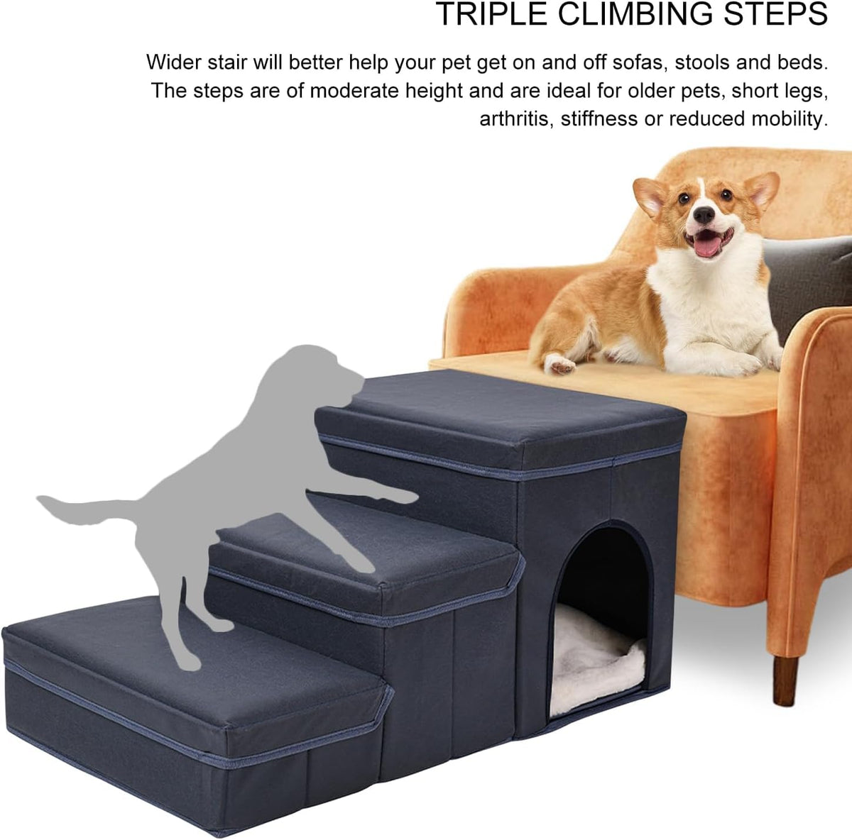 3-in-1 Foldable Pet Stairs with Bed & Storage