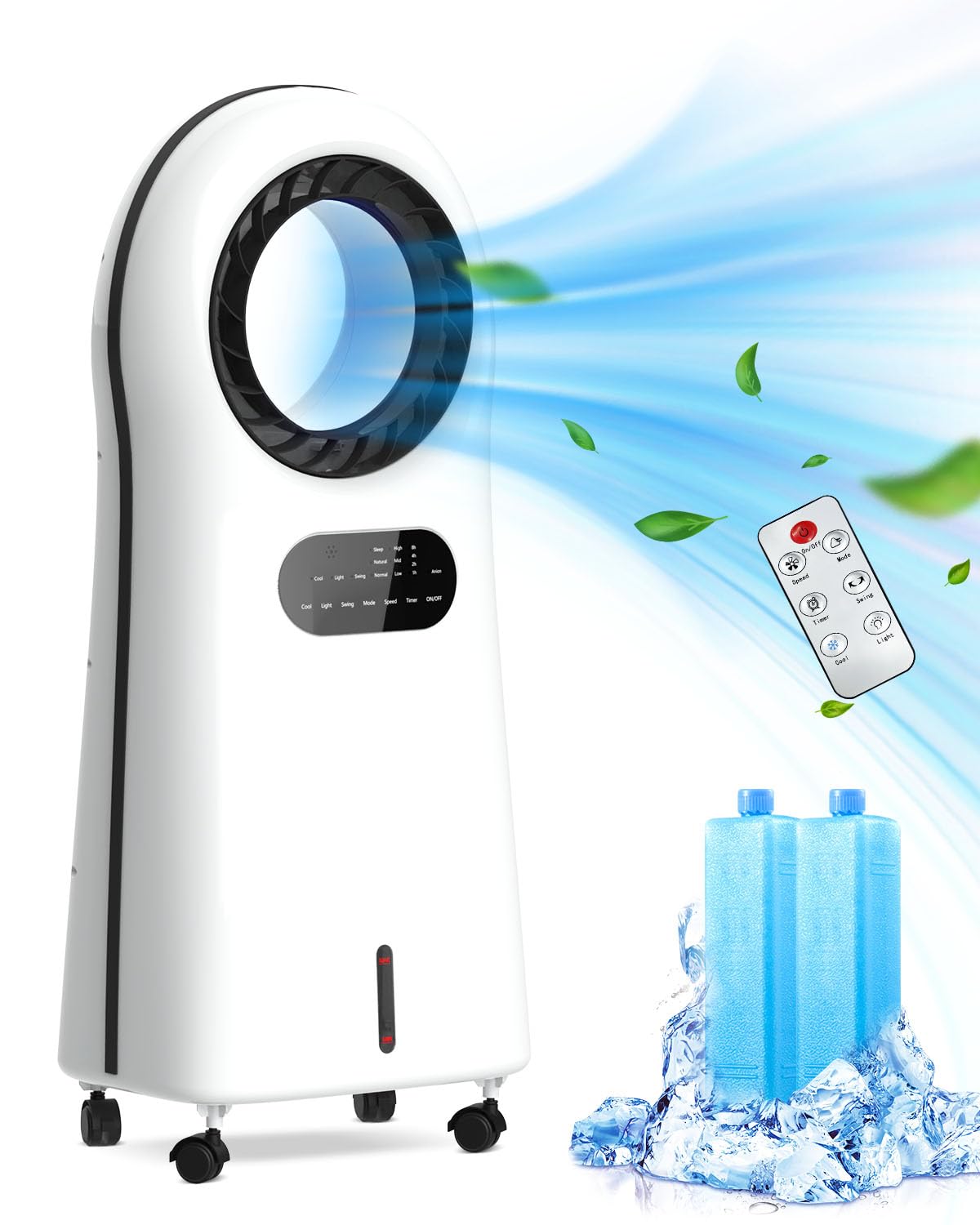 Evaporative Air Cooler, Bladeless Cooler Fan with 3 Modes 3 Speeds Air Conditioner Fan for Bed Room, Office, 3L Water Tank, 8H Timer, 120° Oscillating, 2 Ice Boxes