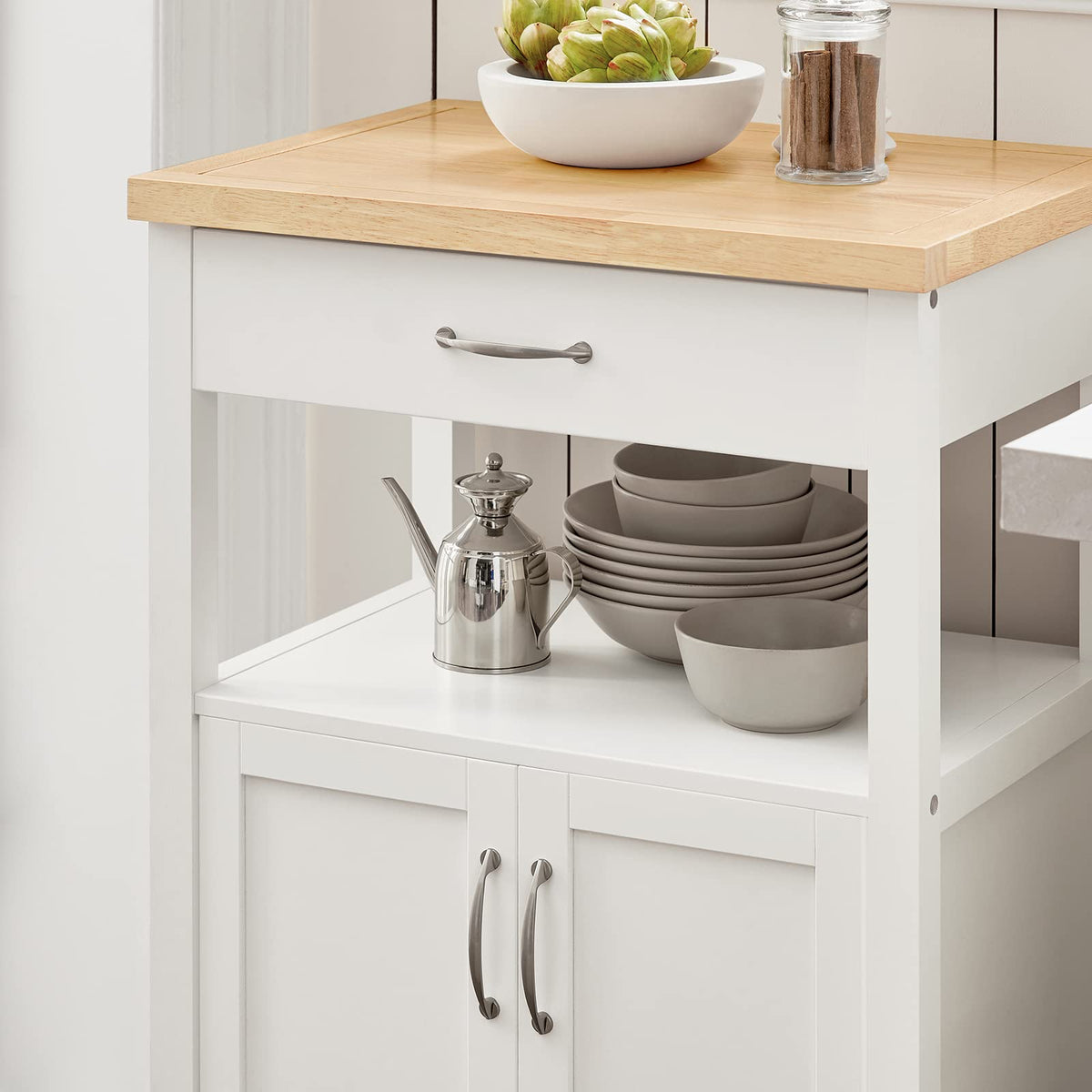 White Kitchen Trolley with Rubberwood Top & Cabinet