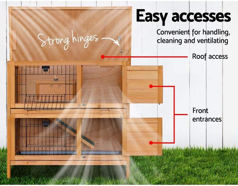 Two-Compartment Fir-Wood Small-Animal Hutch with 2 Sliding Trays