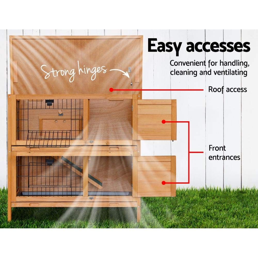 Two-Compartment Fir-Wood Small-Animal Hutch with 2 Sliding Trays