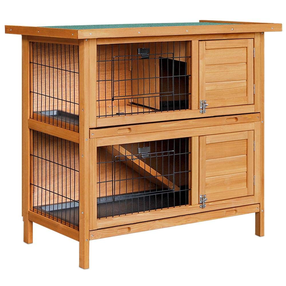 Two-Compartment Fir-Wood Small-Animal Hutch with 2 Sliding Trays