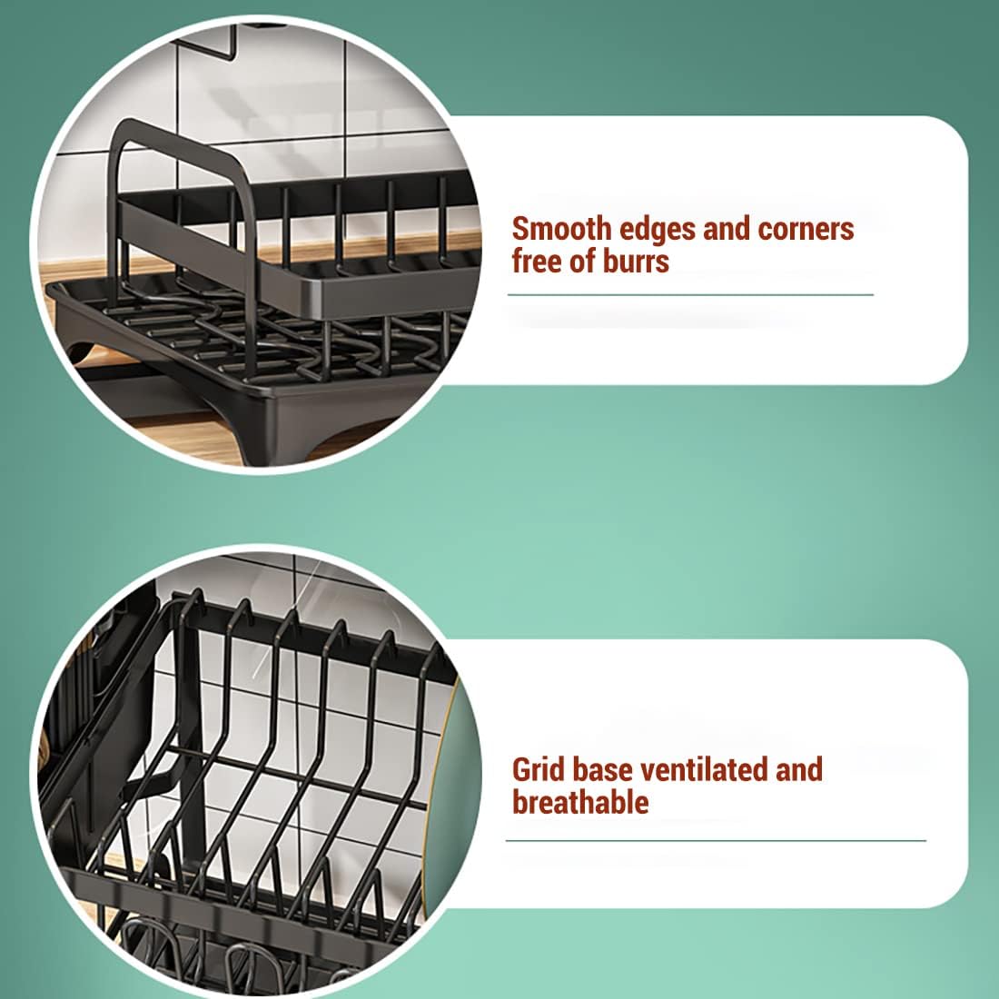 42 cm Black 2-Tier Dish Rack with 360° Drain Spout