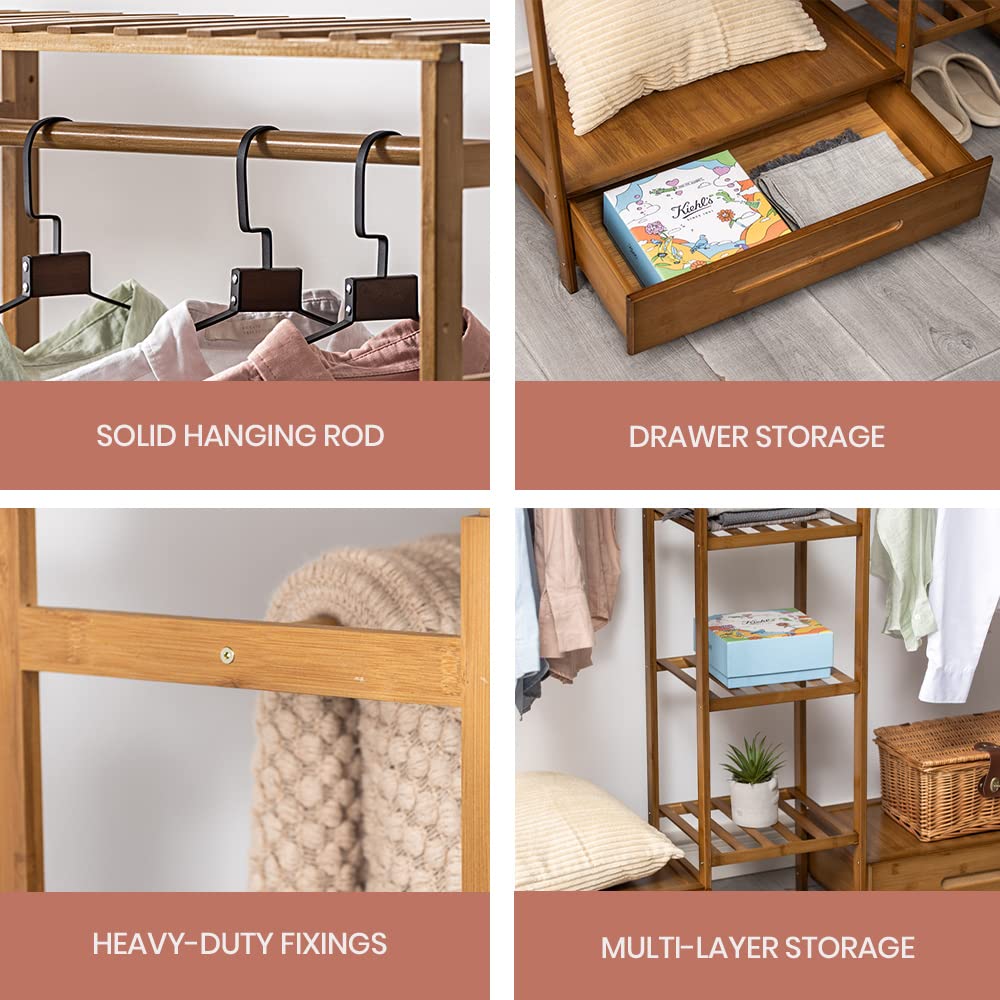 Bamboo Garment Rack with Hanging Rail & Storage Shelves