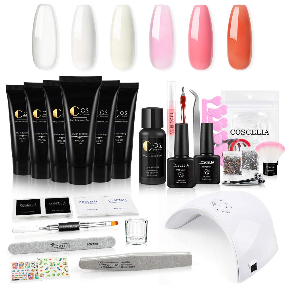 Poly Nail Gel Kit with 36W Nail Lamp 6pcs Builder Extension Gel Slip Solution Base Coat Top Coat Nail Art Design Manicure Tools Decorations