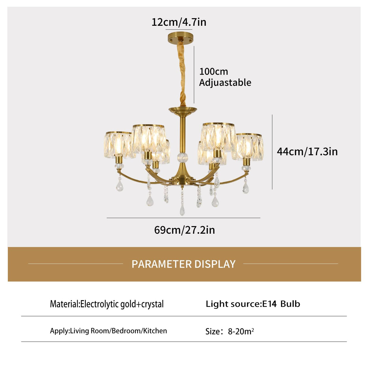 Ganeed Gold Chandelier,6 Lights Wagon Wheel Chandeliers with Clear Crystal Shades,Modern Mid Century Hanging Pendant Light Fixture for Dining Room Living Room Bedroom(E14 Base)