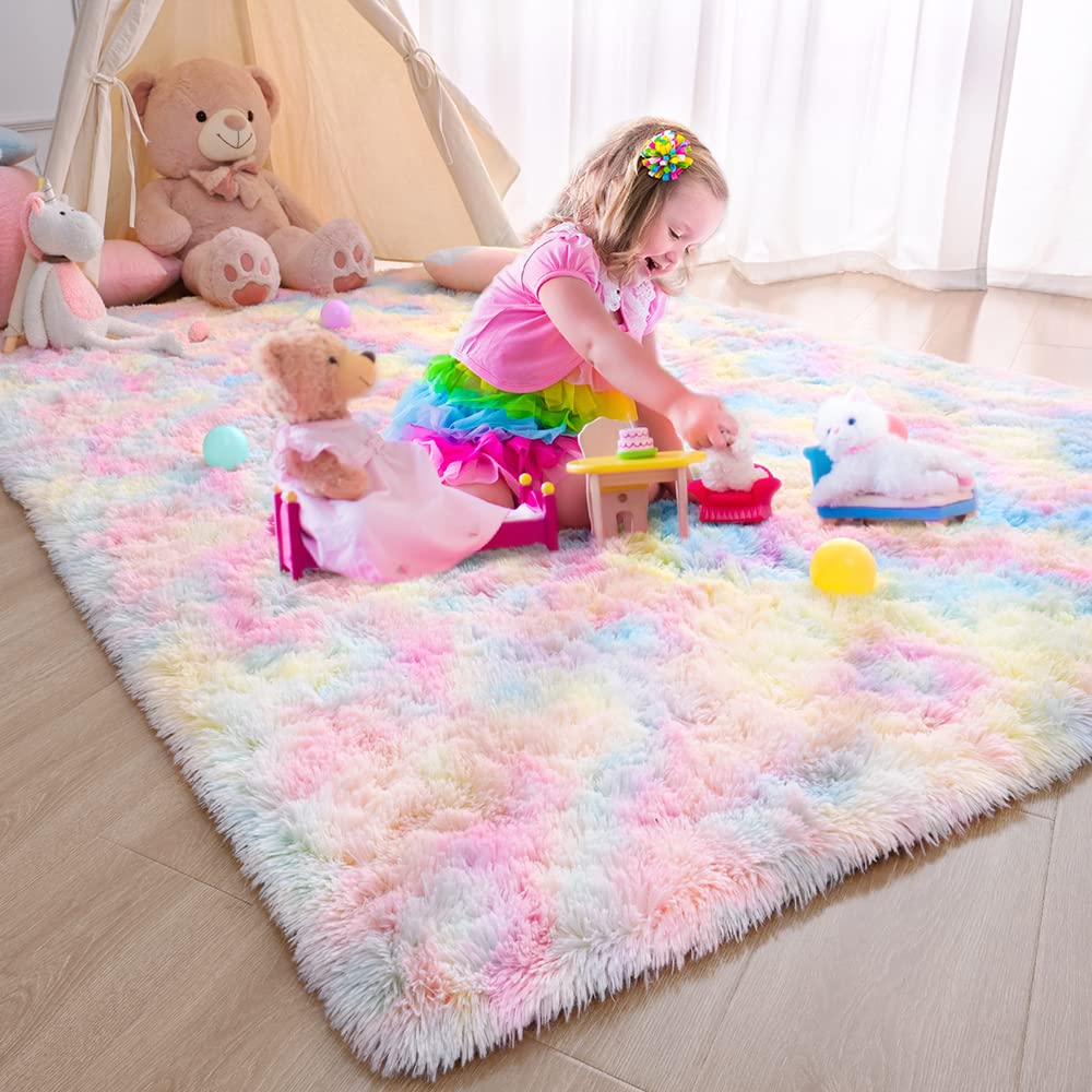 Rainbow Fluffy Rug, 4x5.9 Feet