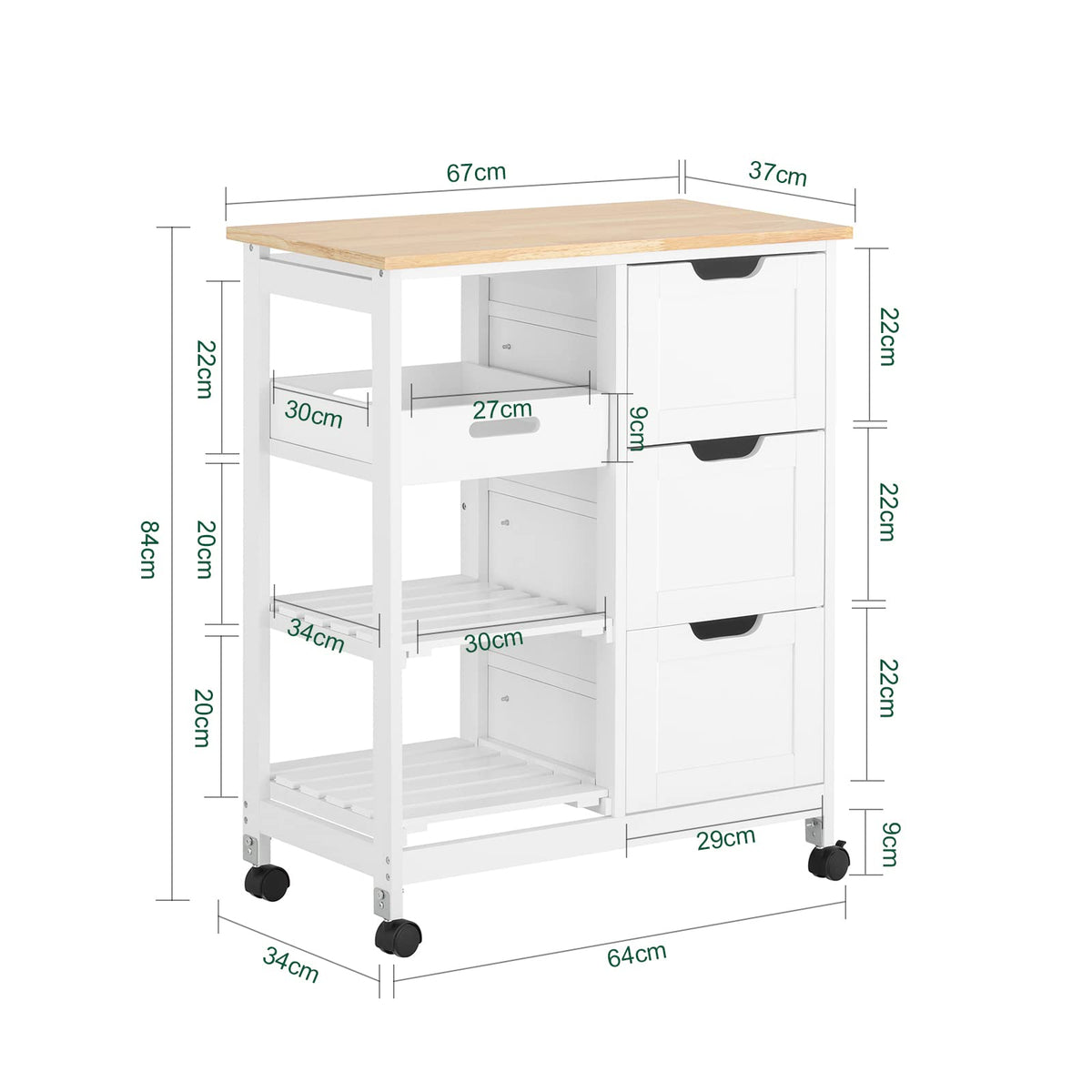 White Kitchen Serving Cart with 3 Drawers & Removable Tray