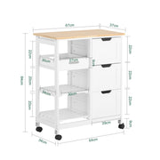 White Kitchen Serving Cart with 3 Drawers & Removable Tray