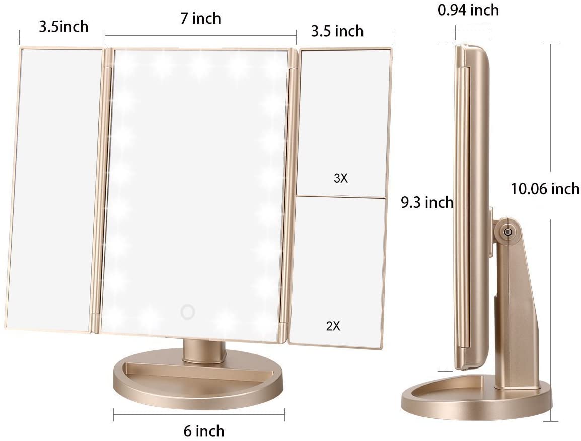 Tri-Fold Lighted Vanity Makeup Mirror with 21 LED Lights, Touch Screen and 3X/2X/1X Magnification Mirror, Two Power Supply Mode Tabletop Makeup Mirror, Travel Cosmetic Mirror (Gold)