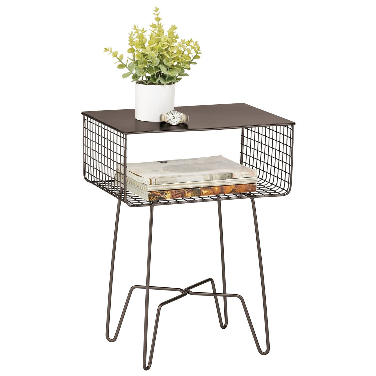 Bronze Steel Side Table with Storage Basket
