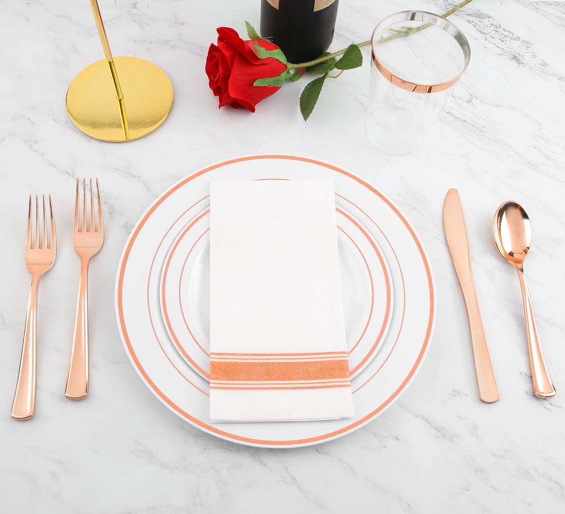 200 Pieces Disposable Dinnerware Set Include Rose Gold Plastic Plates, Rose Gold Silverware, Rose Gold Cups, Linen Like Paper Napkins, Service for 25 Guests, Enjoylife (Rose Gold)