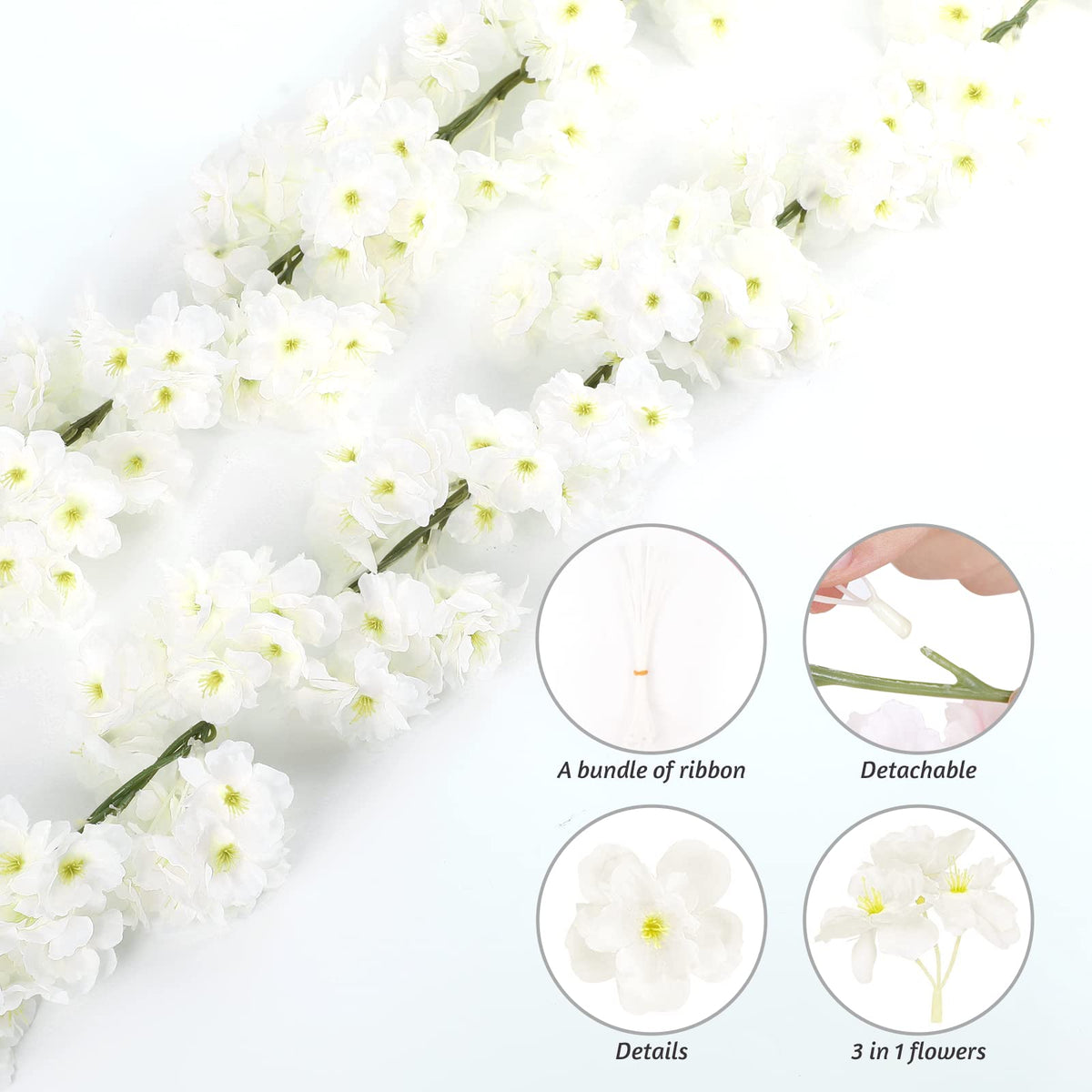 White Artificial Cherry Blossom Garlands – 4 Pack, 7.2m Total