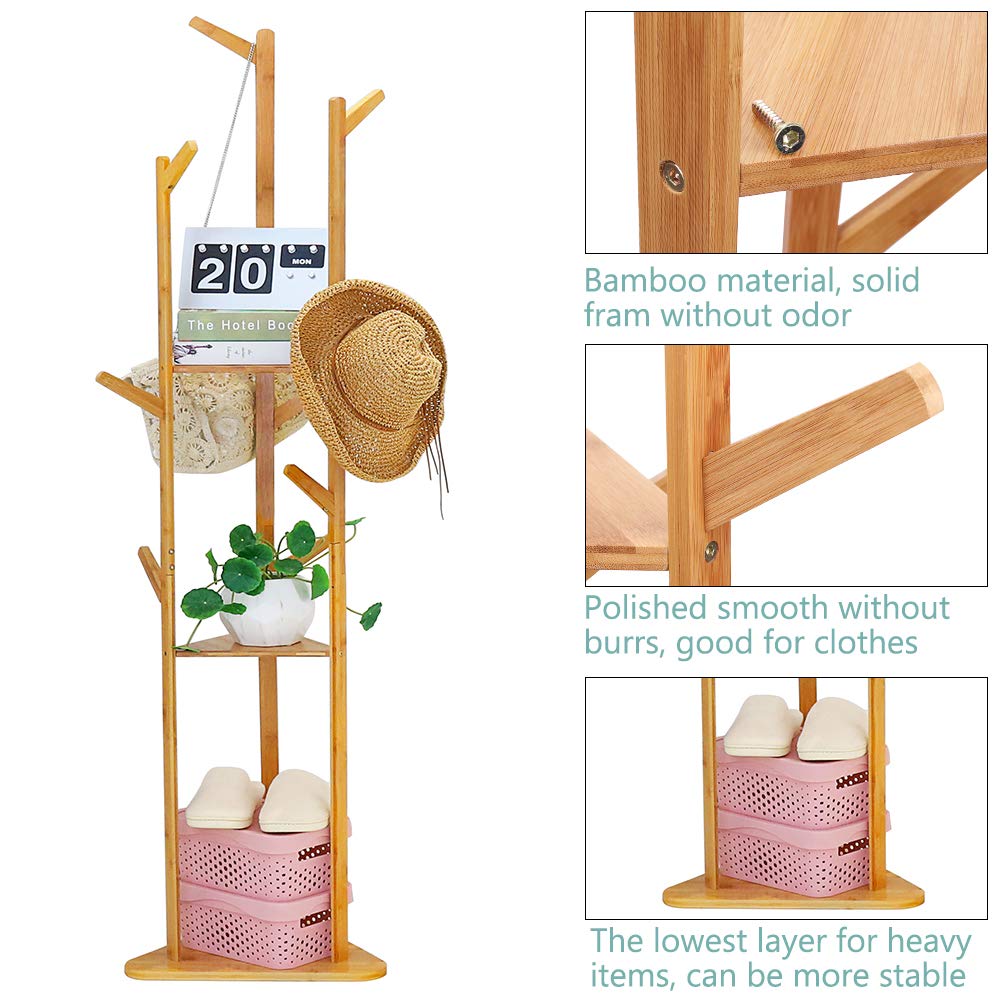 170 cm Bamboo Coat Tree with 9 Hooks & 3 Shelves