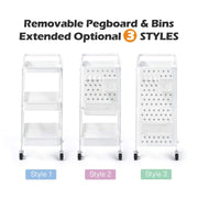 White 3-Tier Pegboard Utility Cart with Bins & Hooks