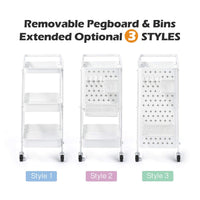 White 3-Tier Pegboard Utility Cart with Bins & Hooks